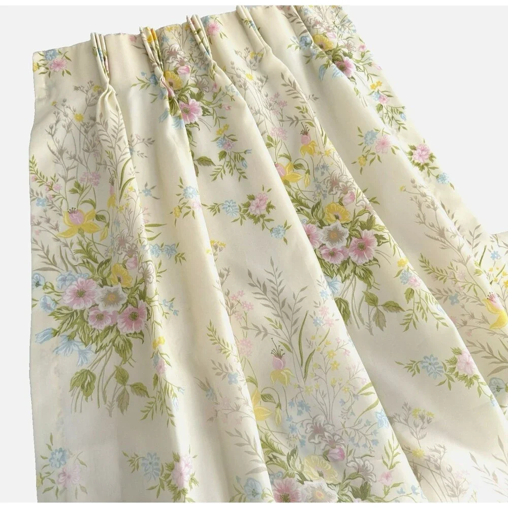 Vintage 1950s Drapes Curtains Pale Yellow Pink Yellow Blue Floral 2 Panels 22x77